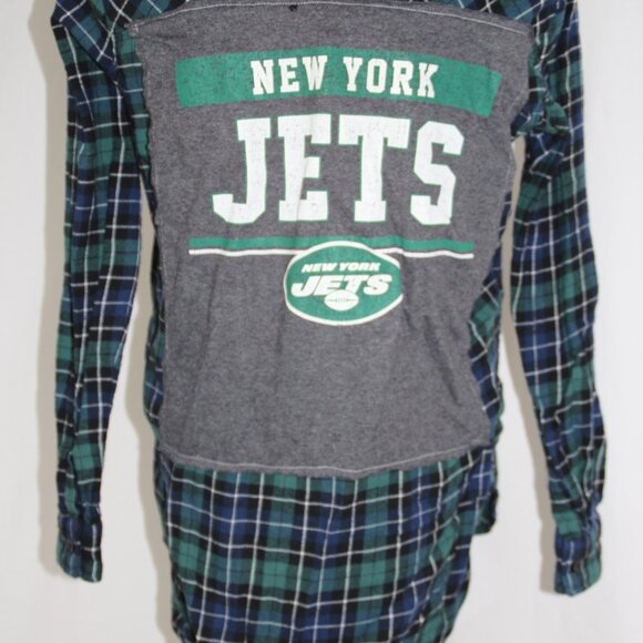 NY Jets Flannel Shirt Button Down NFL Green and Blue Size S Upcycled - Picture 4 of 8